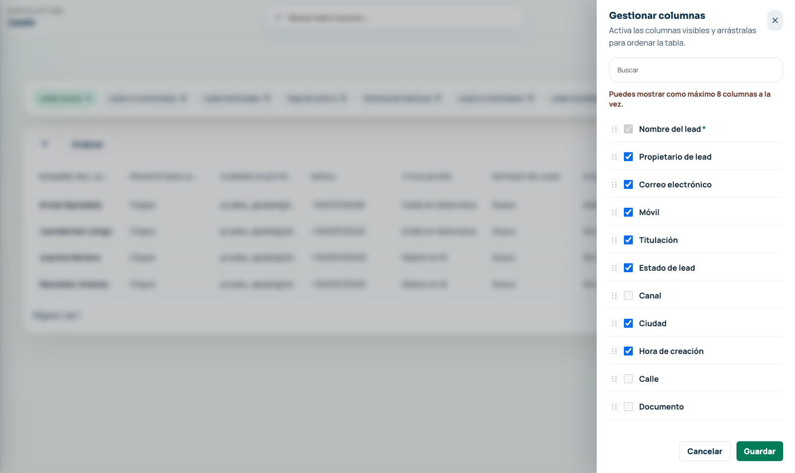 Configuración de las columnas del listado de leads de DigitalJet
