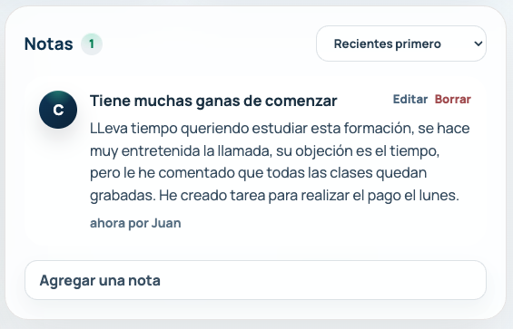 Notas internas en la ficha de un lead de DigitalJet