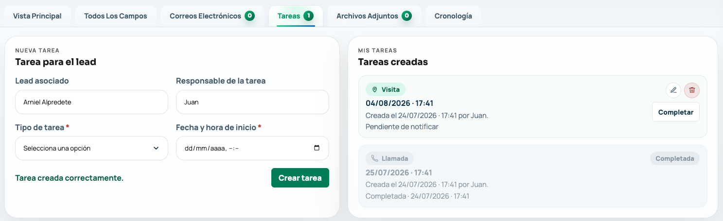 Formulario para crear una tarea de seguimiento
