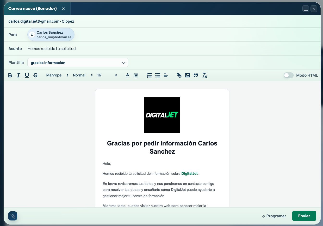 Formulario para enviar un correo desde una ficha