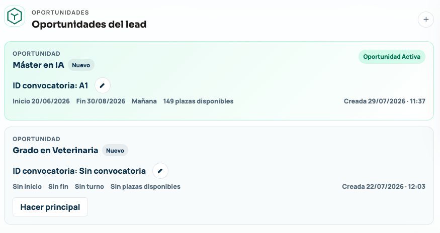 Opción para seleccionar la oportunidad principal de un lead