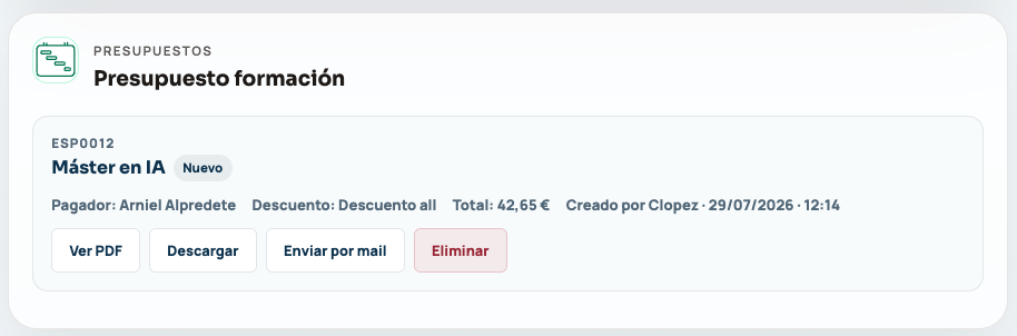 Opciones para revisar y enviar un presupuesto