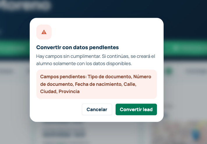 Confirmación de la conversión de un lead en alumno