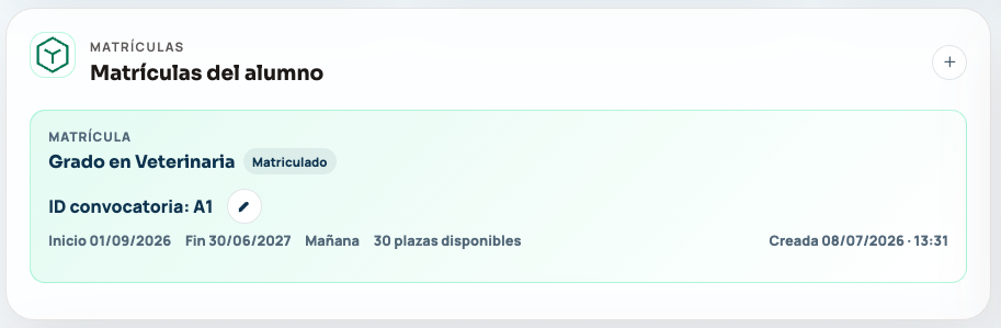 Matrículas y estados disponibles en la ficha de un alumno