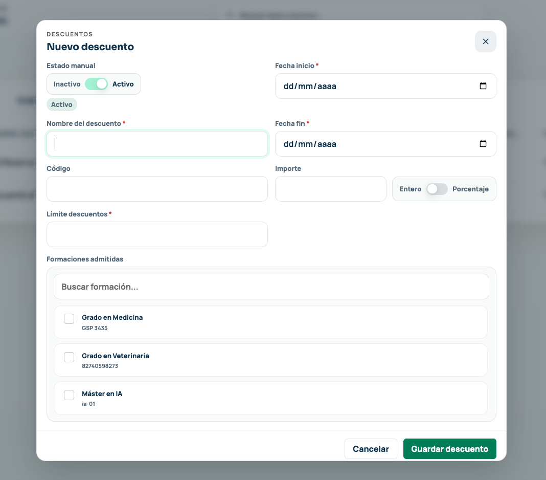 Formulario para configurar un nuevo descuento