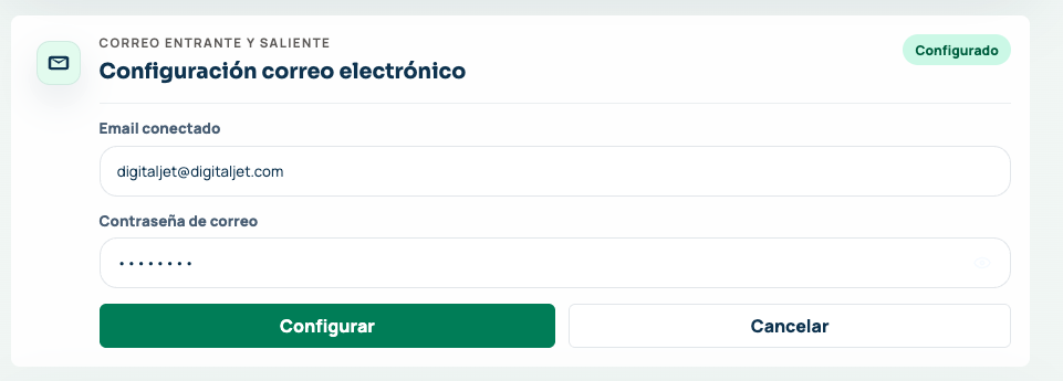 Pantalla para configurar una cuenta de correo