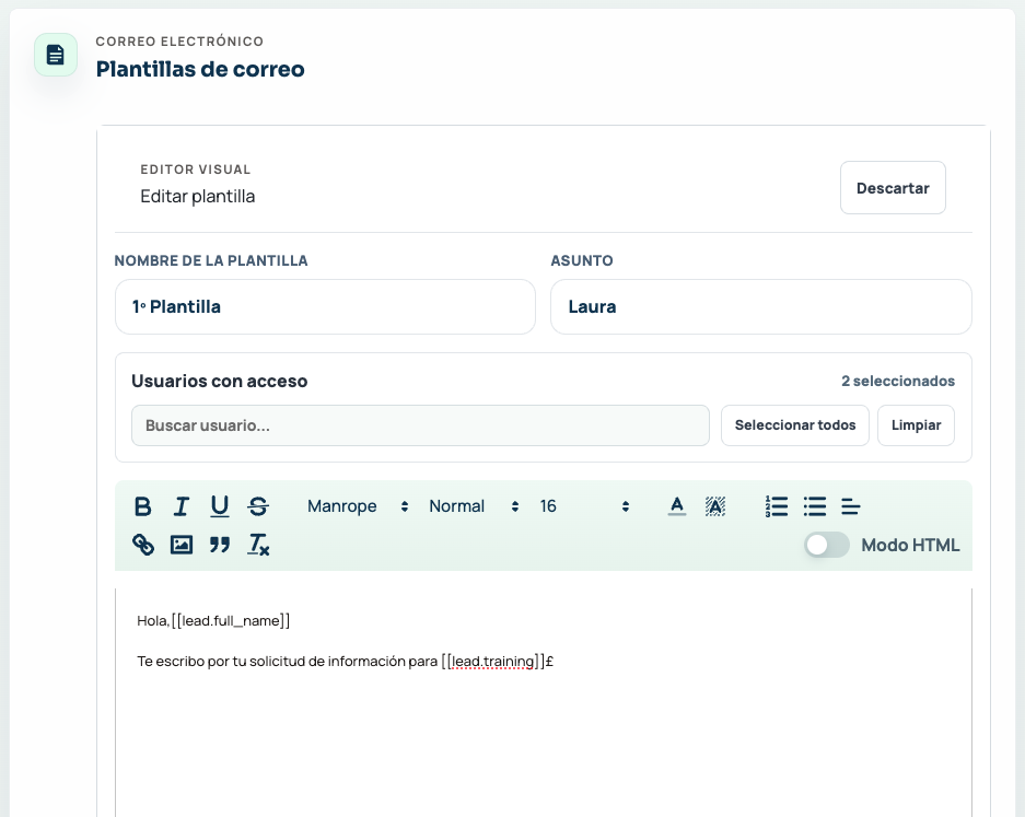 Editor para crear una plantilla de correo